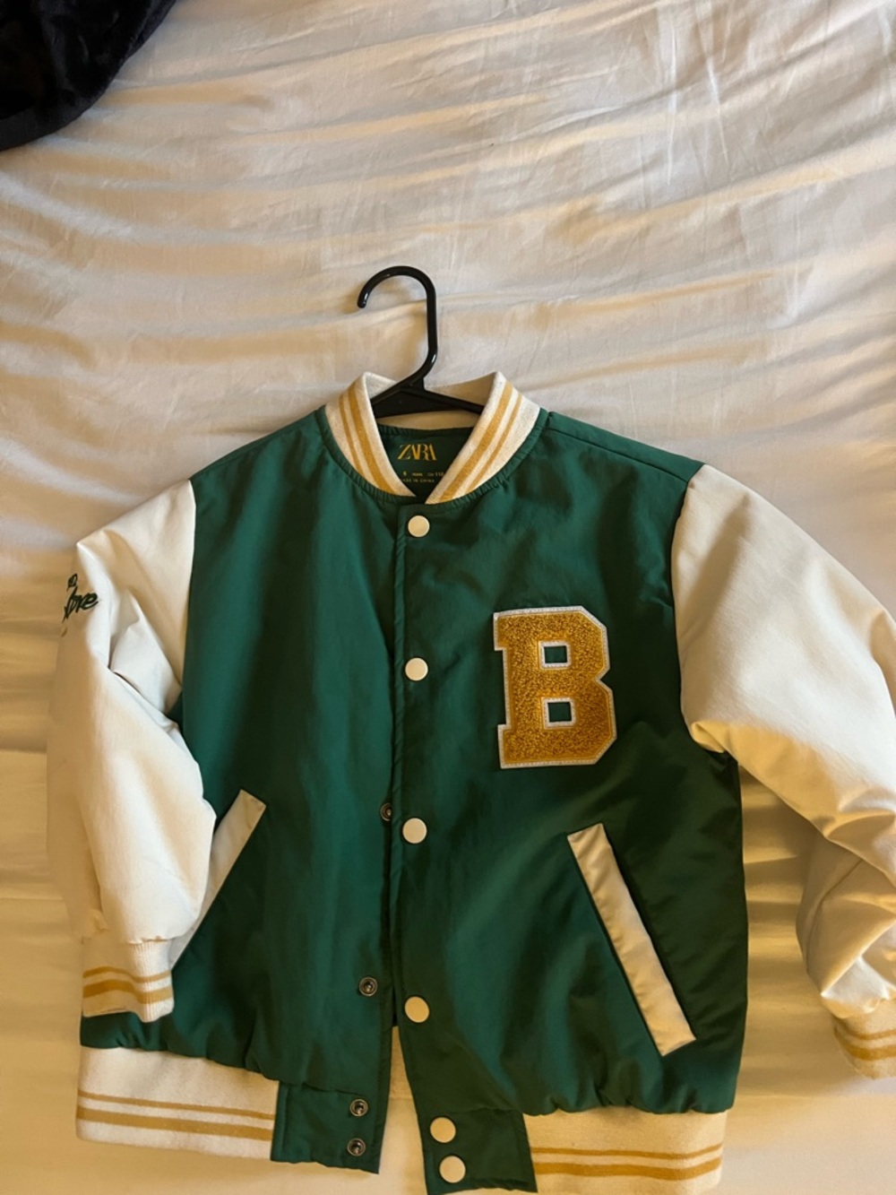 ZARA Green and White Kids Letterman Jacket with Yellow B Patch